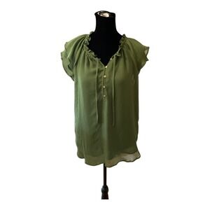 LOFT Womens Olive Green Ruffle Neck Flutter Sleeve Blouse Medium